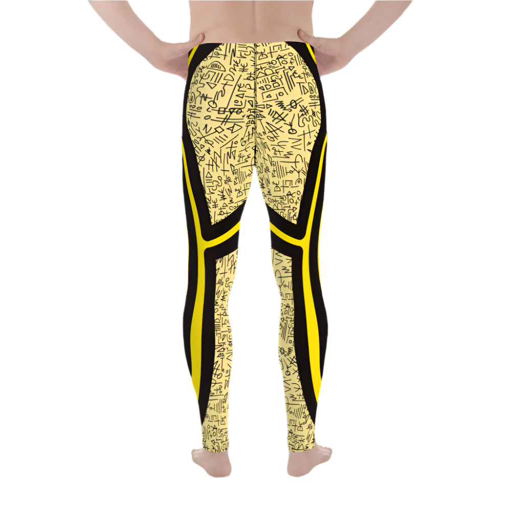 Mens Leggings Sports Leggings, Bjj Compression Spats, Gym Tights, Running Pants, Pro Wrestling Gear, Weightlifting Leggings, Pilates Pant. Yellow memphis design retro 80s style meggings for guys for gym, pilates or as bjj grappling spats. Fun sexy gear