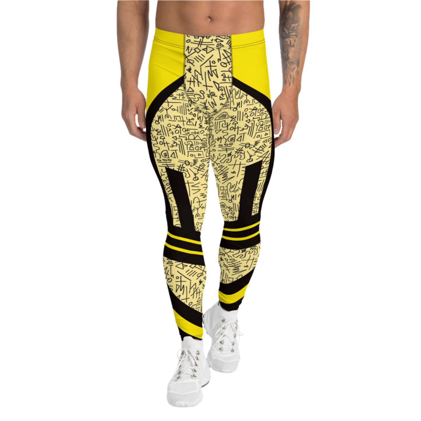 Mens Leggings Sports Leggings, Bjj Compression Spats, Gym Tights, Running Pants, Pro Wrestling Gear, Weightlifting Leggings, Pilates Pant. Yellow memphis design retro 80s style meggings for guys for gym, pilates or as bjj grappling spats. Fun sexy gear