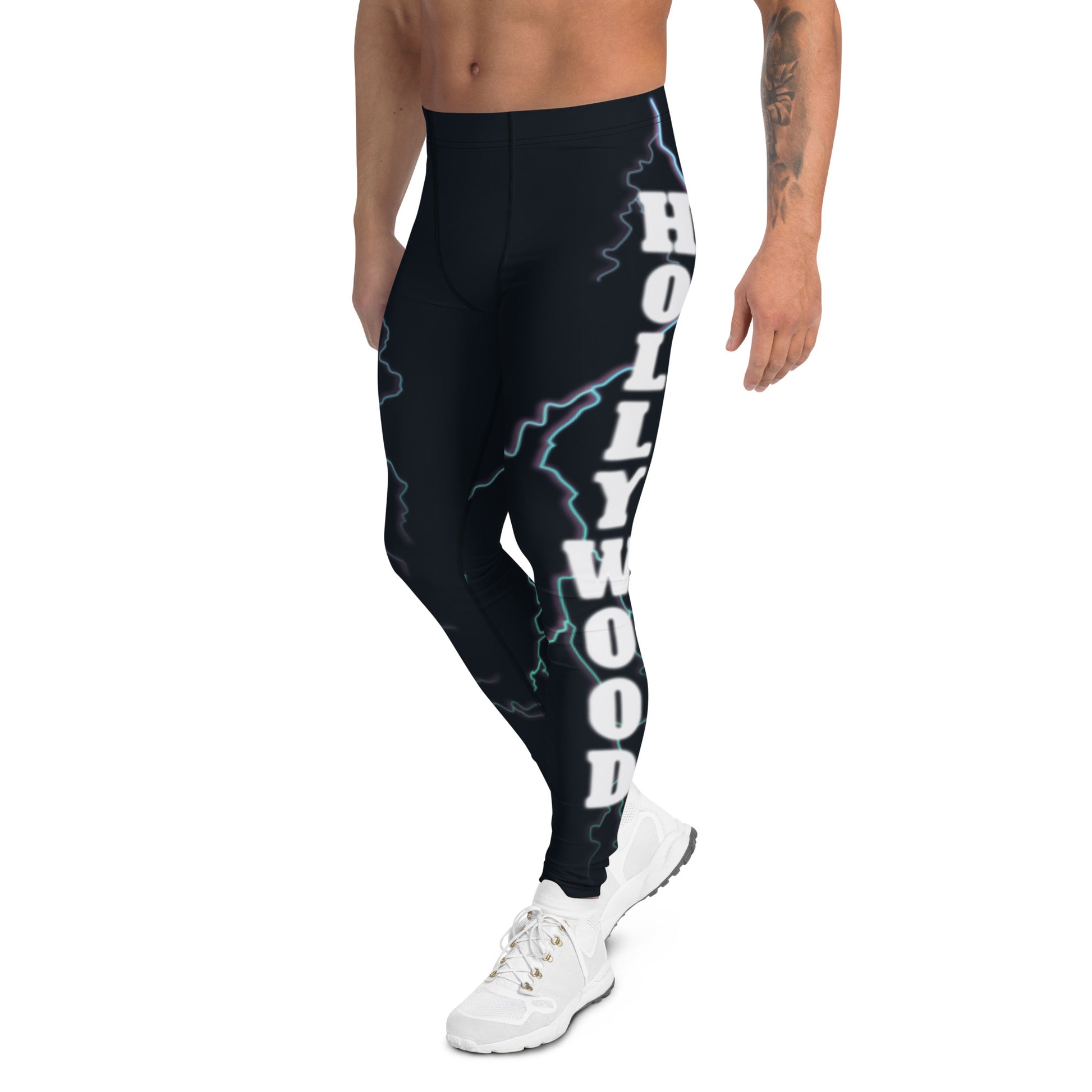 Men’s Hollywood Lightning Leggings – black compression tights with lightning bolt print and HOLLYWOOD lettering down each leg, handmade in London by BillingtonPix