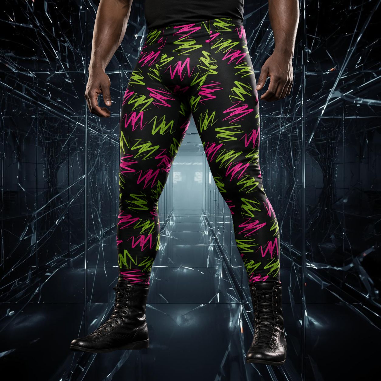 Man wearing black leggings with a green and pink zigzag pattern