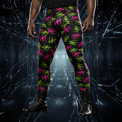 Man wearing black leggings with a green and pink zigzag pattern
