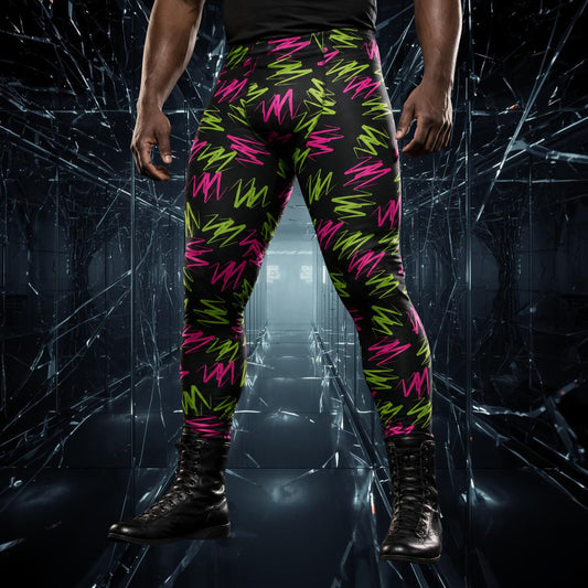 Man wearing black leggings with a green and pink zigzag pattern
