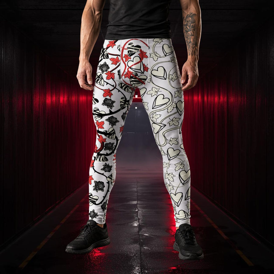 man wearing leggings with black roses, broken hearts, heartbreak design, gothic horror vibes