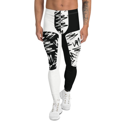 Men's pro wrestling tights in black and white zigzags in alternative insets on each ankle length leg. Mid rise waistband, elasticated. Vibrant fashion meggings, rave outfit, festival gear.