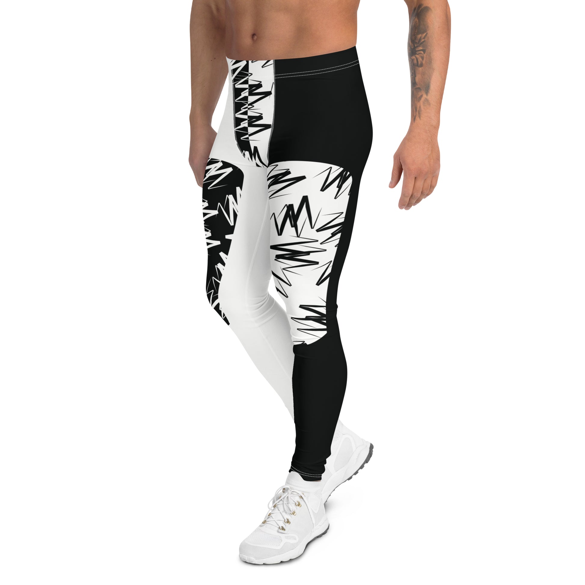 Men's pro wrestling tights in black and white zigzags in alternative insets on each ankle length leg. Mid rise waistband, elasticated. Vibrant fashion meggings, rave outfit, festival gear.