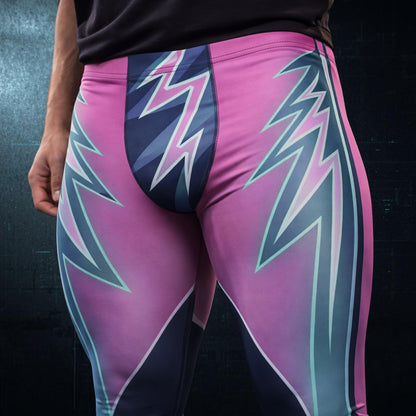 Pink leggings with blue and green lightning bolt design on a dark background