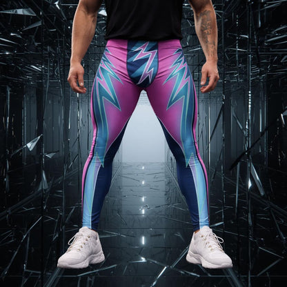 Person wearing colorful leggings with a futuristic background