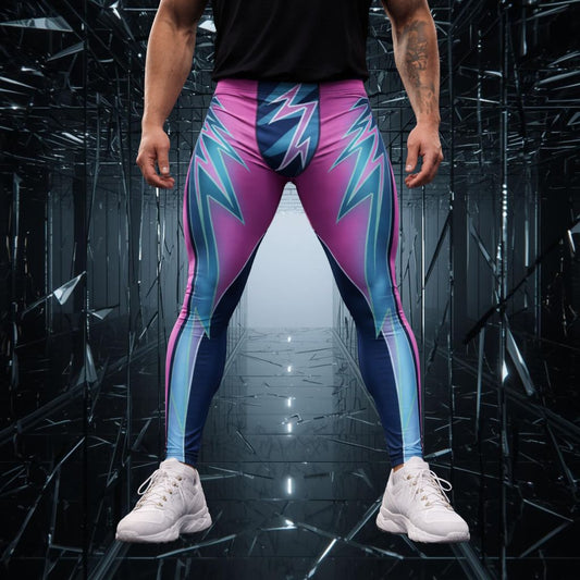 Person wearing colorful leggings with a futuristic background