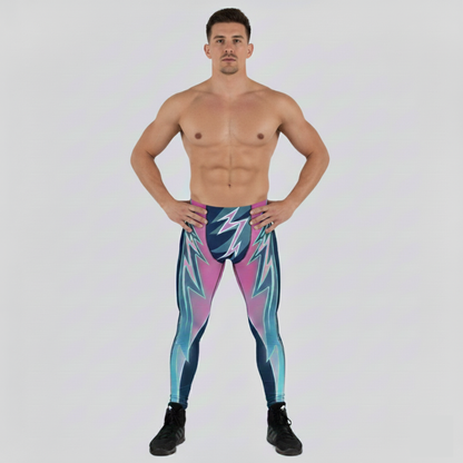 Man wearing colorful wrestling tights with a geometric pattern on a white background