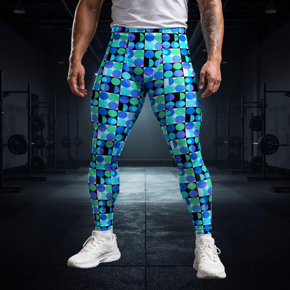Man wearing athletic leggings in blue geometric design with white trainers