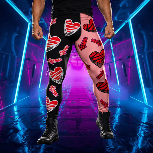 men's pink and black leggings with broken hearts and arrows
