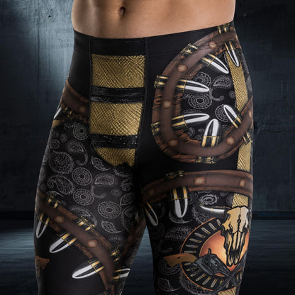 closeup of men's leggings in an all American hero style with bullet belt, paisley, gold print and cow skulls