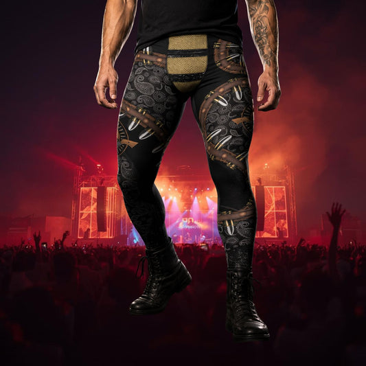 man wearing black leggings with leather bullet belt design, including paisley and gold elements in front of festival at night time