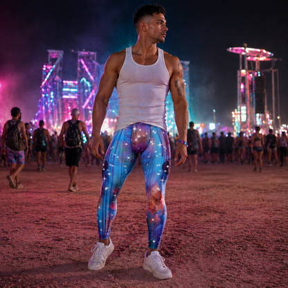man at music festival wearing designer leggings with blue galaxy design