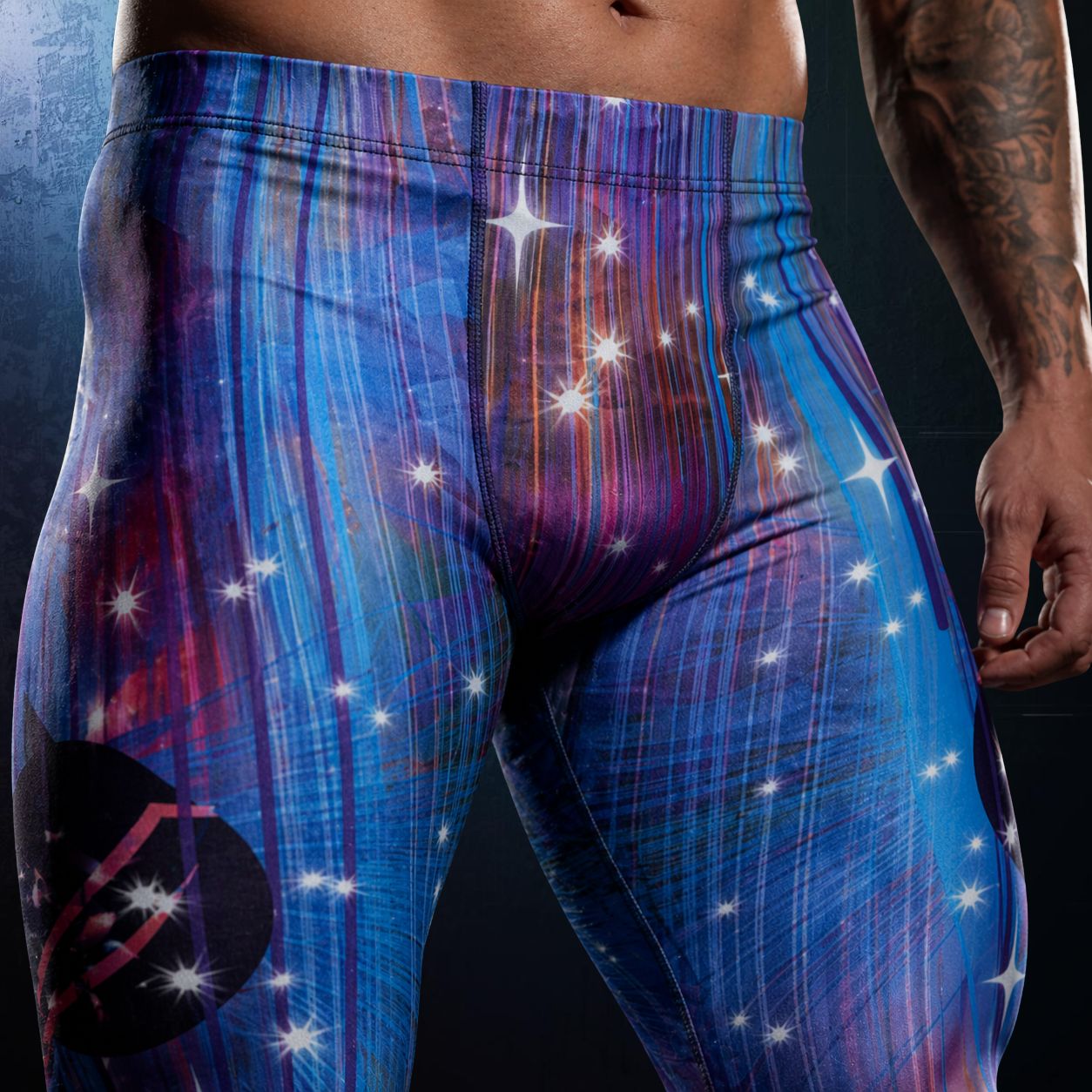 men's leggings in closeup of a galaxy cosmos pattern