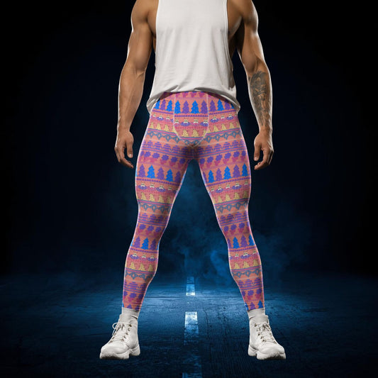 Person wearing colorful patterned christmas leggings on a dark background
