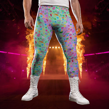 Man wearing pastel clowncore leggings with purple and green with rainbow motifs