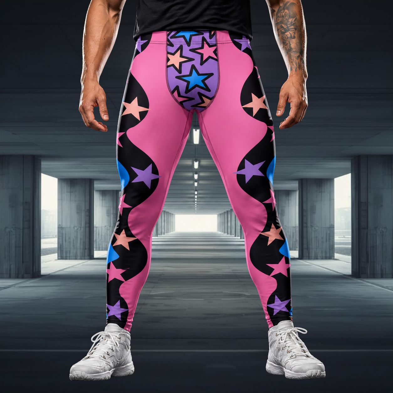 Person wearing colorful star-patterned leggings in an urban setting