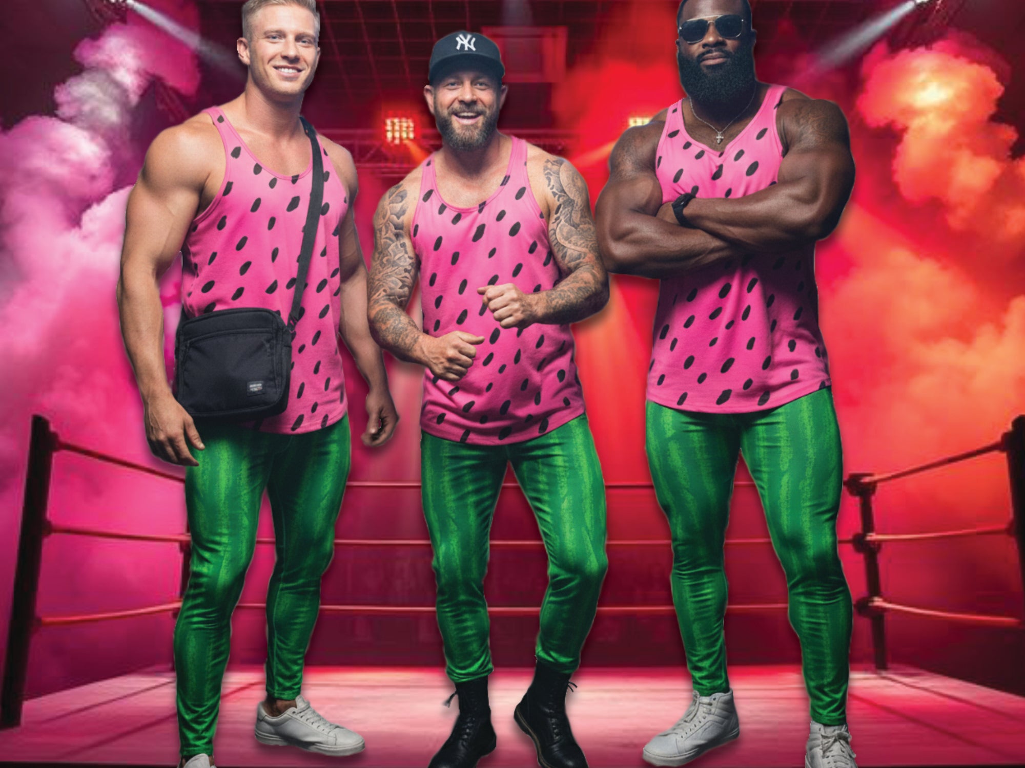 
                Heldenbanner mit drei Männern in auffälligen Leggings im Cosplay-Stil und von Wrestling inspirierter Sportbekleidung in einem Neonring.
              