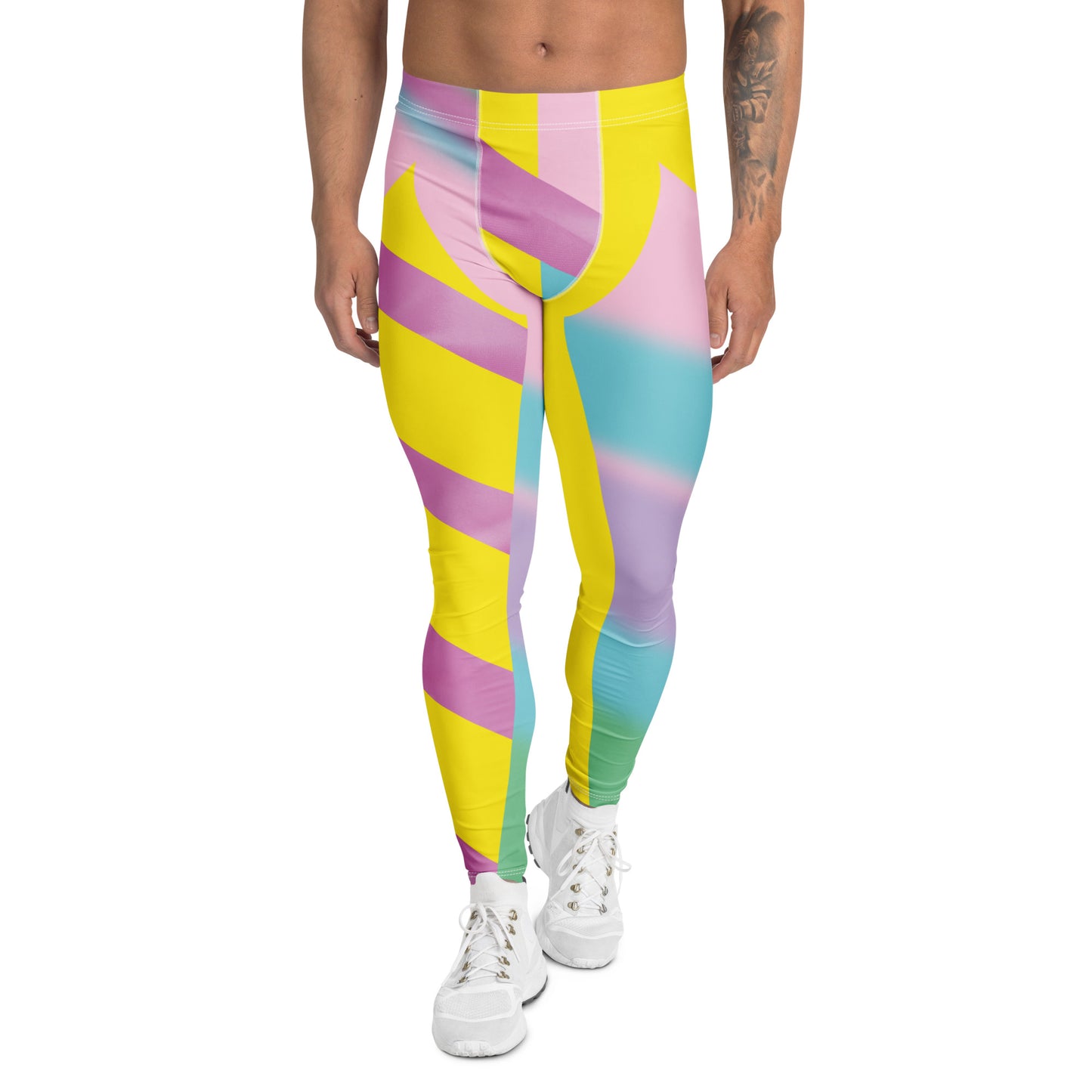 Men’s Pastel Rainbow Wrestling Tights – pastel cosplay leggings inspired by vintage wrestling outfits, in pink, lilac, and yellow tones by BillingtonPix