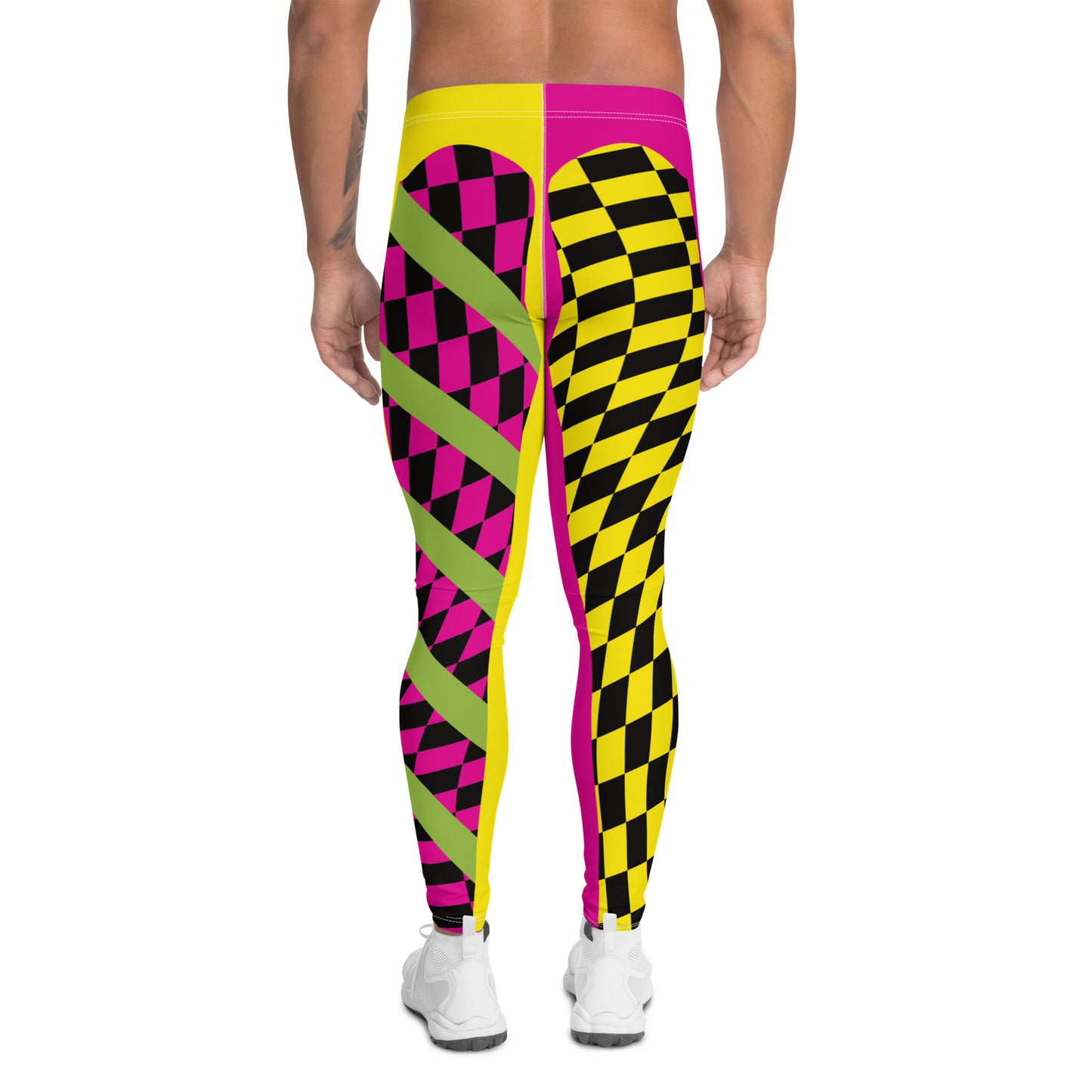 pro wrestling tights for men in a vibrant lucha libre design. Alternate yellow and pink legs with insets containing glitchcore checks and diagonal green stripes. Mid rise fashion meggings and ankle length running tights. Rave gear style and festival leggings for guys.