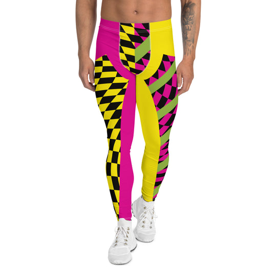 pro wrestling tights for men in a vibrant lucha libre design. Alternate yellow and pink legs with insets containing glitchcore checks and diagonal green stripes. Mid rise fashion meggings and ankle length running tights. Rave gear style and festival leggings for guys.