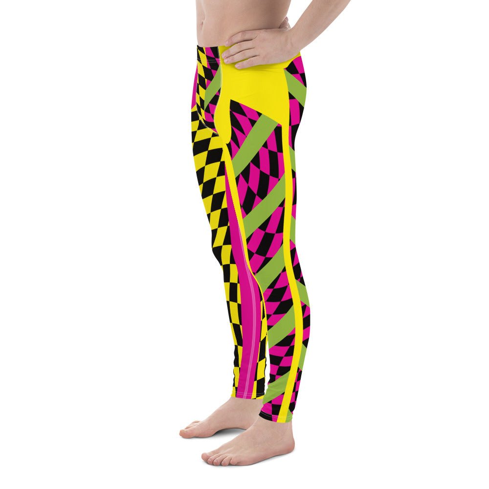 pro wrestling tights for men in a vibrant lucha libre design. Alternate yellow and pink legs with insets containing glitchcore checks and diagonal green stripes. Mid rise fashion meggings and ankle length running tights. Rave gear style and festival leggings for guys.