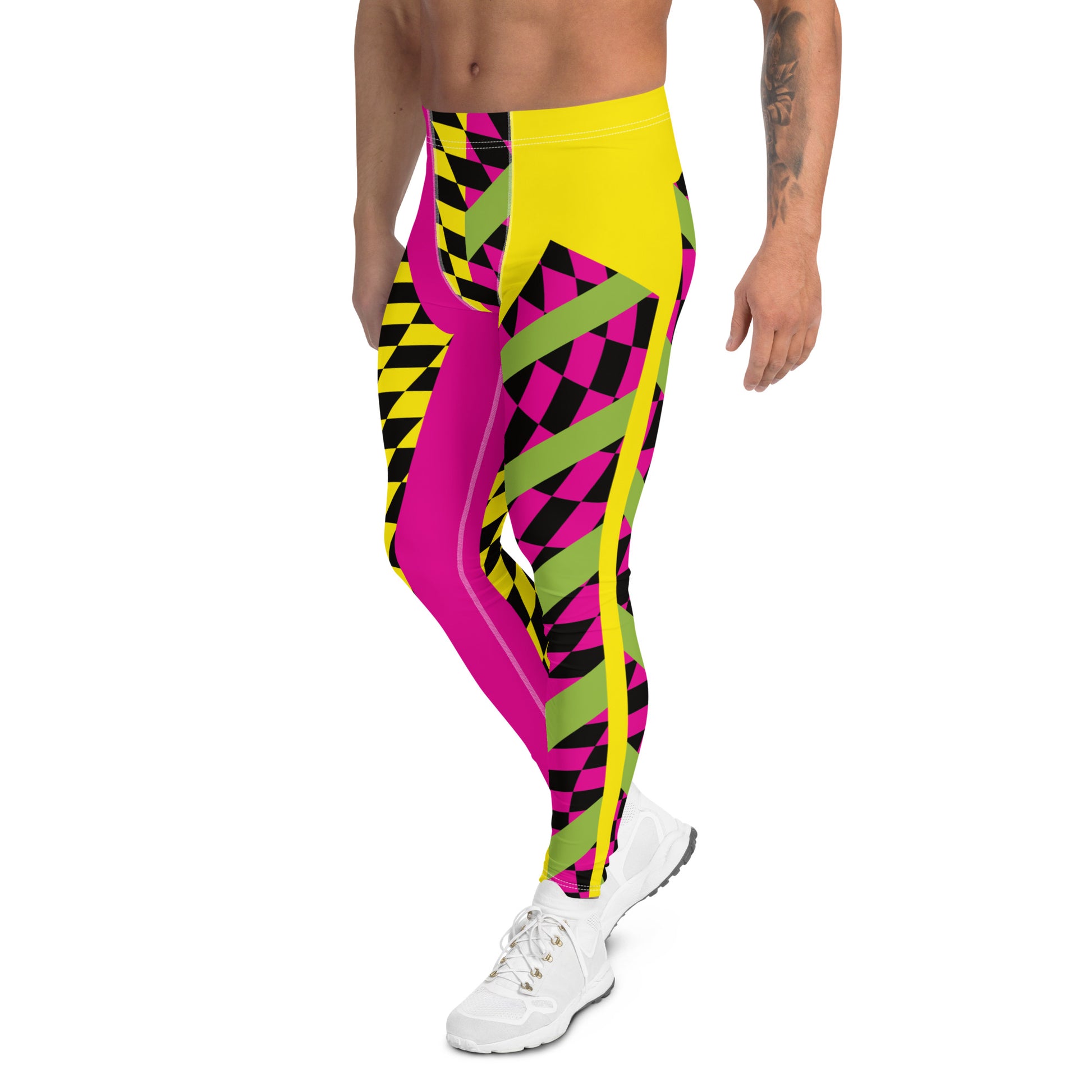 pro wrestling tights for men in a vibrant lucha libre design. Alternate yellow and pink legs with insets containing glitchcore checks and diagonal green stripes. Mid rise fashion meggings and ankle length running tights. Rave gear style and festival leggings for guys.