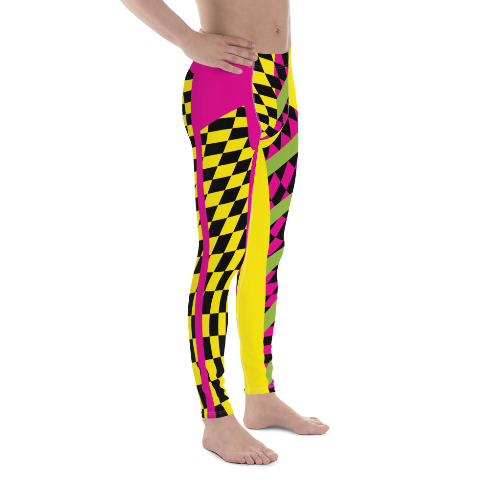 pro wrestling tights for men in a vibrant lucha libre design. Alternate yellow and pink legs with insets containing glitchcore checks and diagonal green stripes. Mid rise fashion meggings and ankle length running tights. Rave gear style and festival leggings for guys.