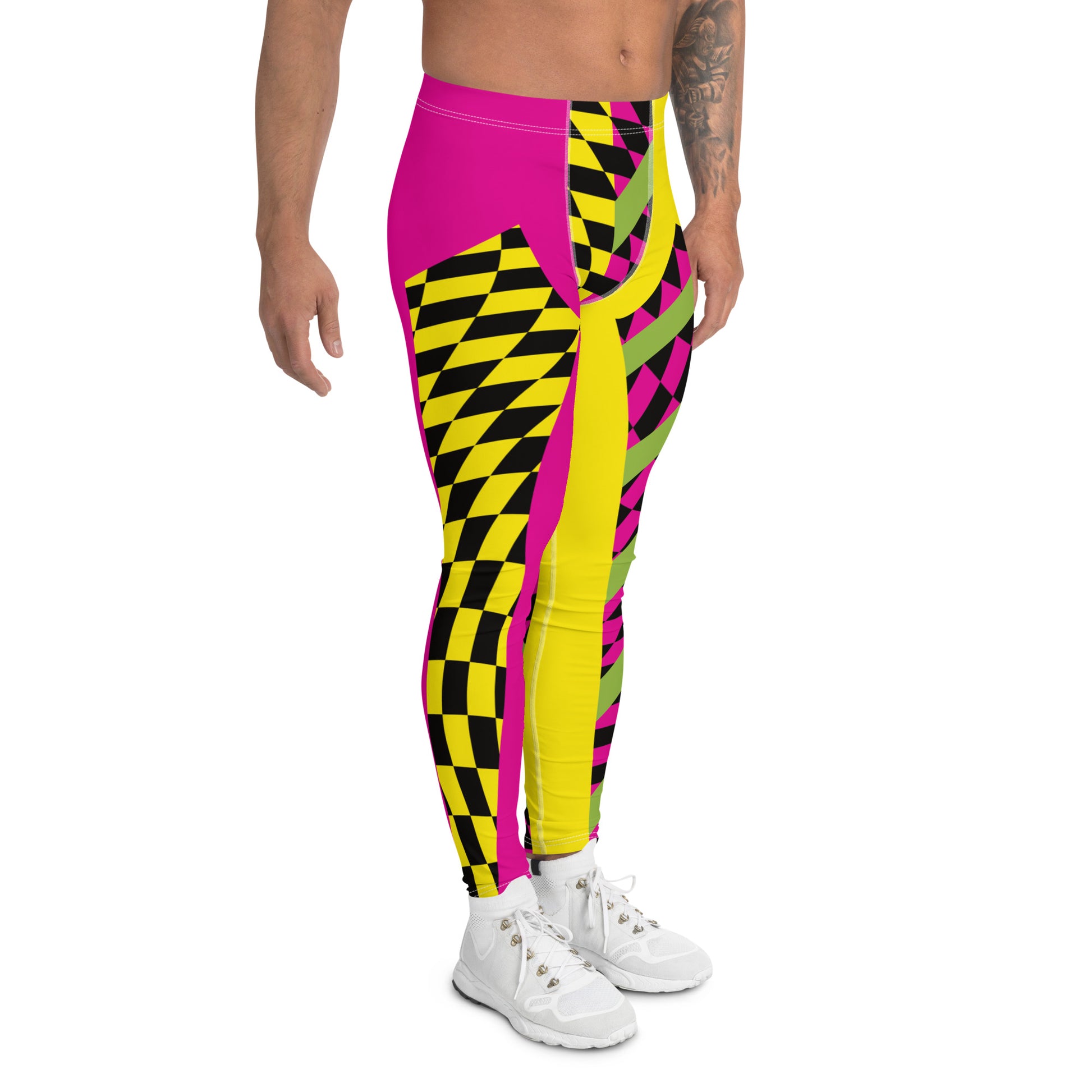 pro wrestling tights for men in a vibrant lucha libre design. Alternate yellow and pink legs with insets containing glitchcore checks and diagonal green stripes. Mid rise fashion meggings and ankle length running tights. Rave gear style and festival leggings for guys.