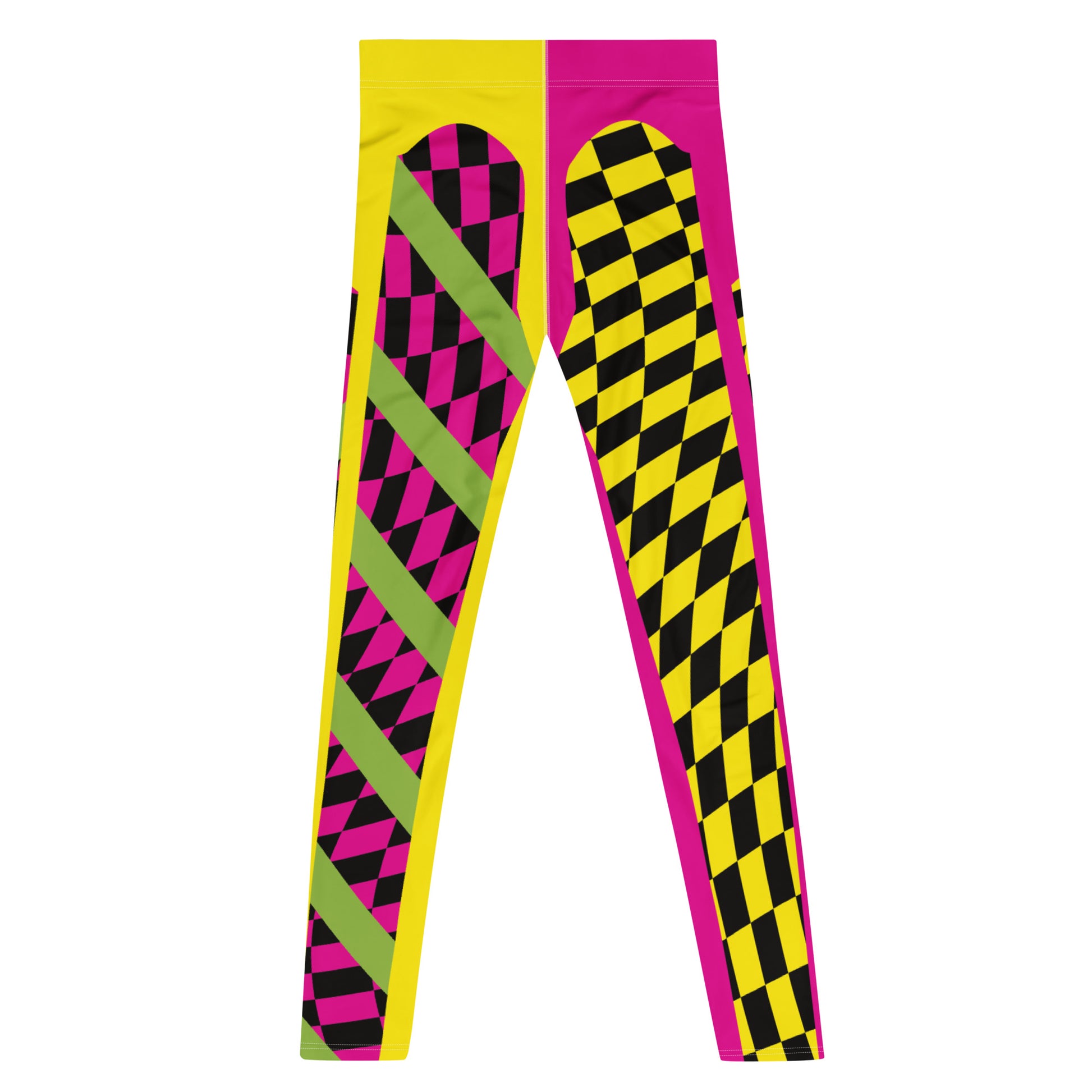 pro wrestling tights for men in a vibrant lucha libre design. Alternate yellow and pink legs with insets containing glitchcore checks and diagonal green stripes. Mid rise fashion meggings and ankle length running tights. Rave gear style and festival leggings for guys.