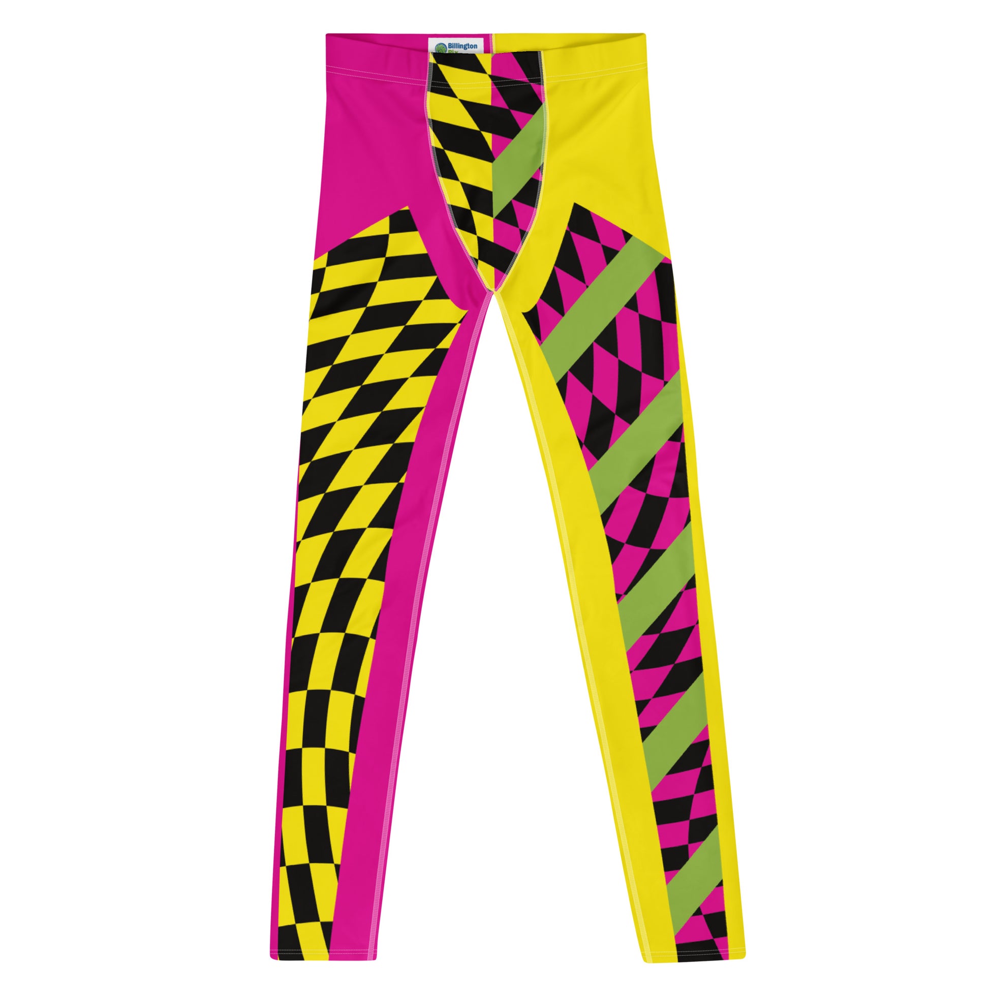 pro wrestling tights for men in a vibrant lucha libre design. Alternate yellow and pink legs with insets containing glitchcore checks and diagonal green stripes. Mid rise fashion meggings and ankle length running tights. Rave gear style and festival leggings for guys.