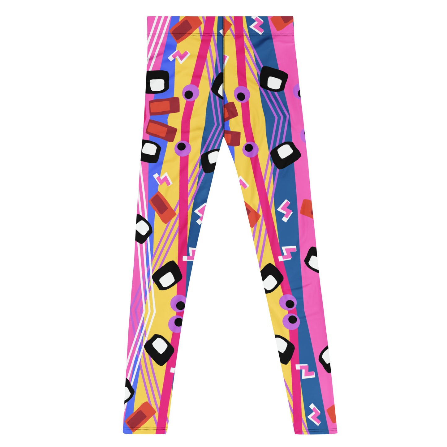 Zany, crazy, mad patterned men's leggings or meggings in blue, red, yellow and purple pattern of lines, squiggles, blobs and stripes by BillingtonPix