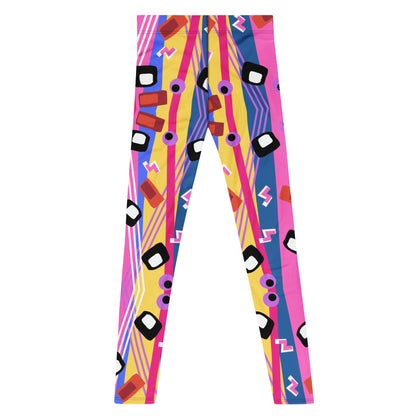 Zany, crazy, mad patterned men's leggings or meggings in blue, red, yellow and purple pattern of lines, squiggles, blobs and stripes by BillingtonPix