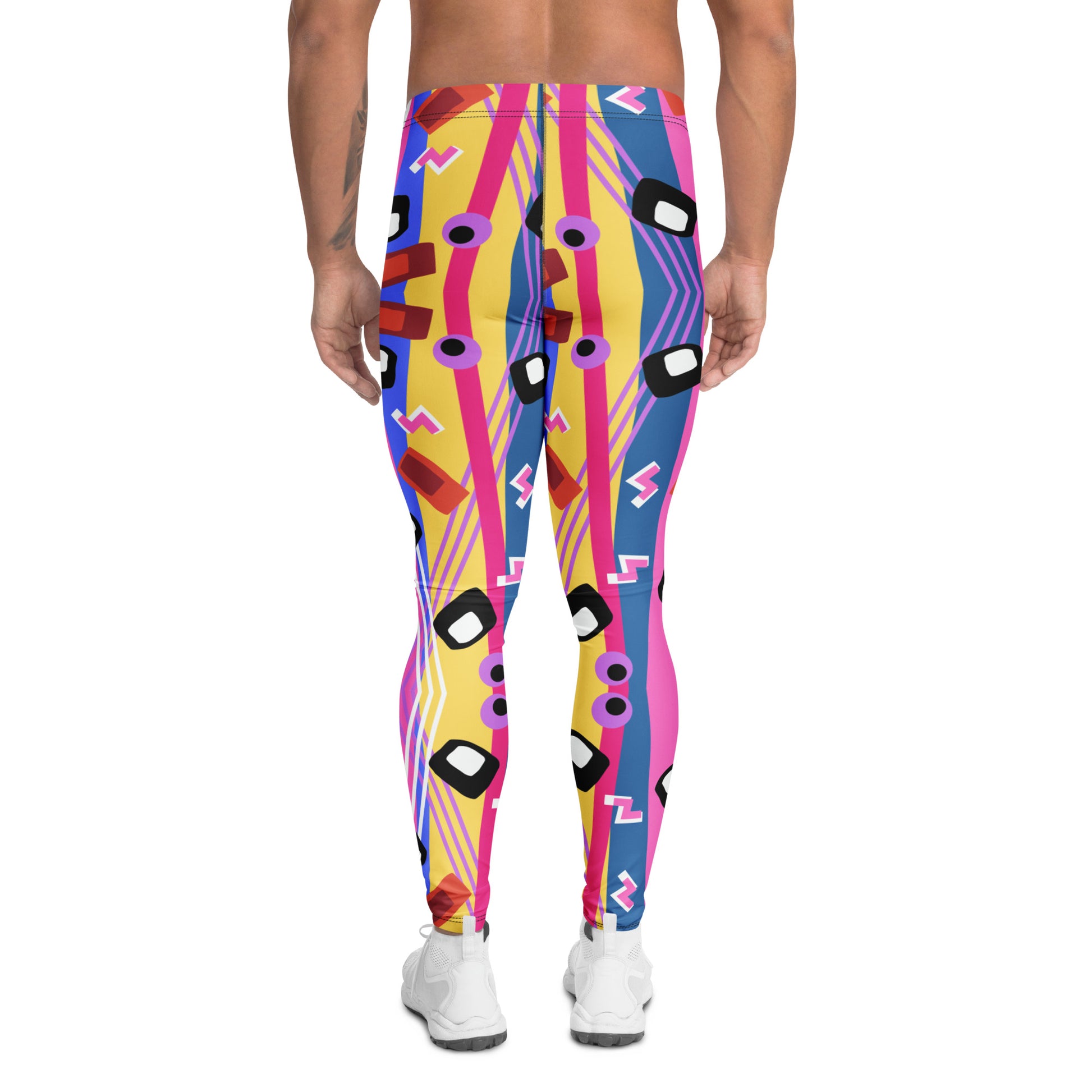 Zany, crazy, mad patterned men's leggings or meggings in blue, red, yellow and purple pattern of lines, squiggles, blobs and stripes by BillingtonPix
