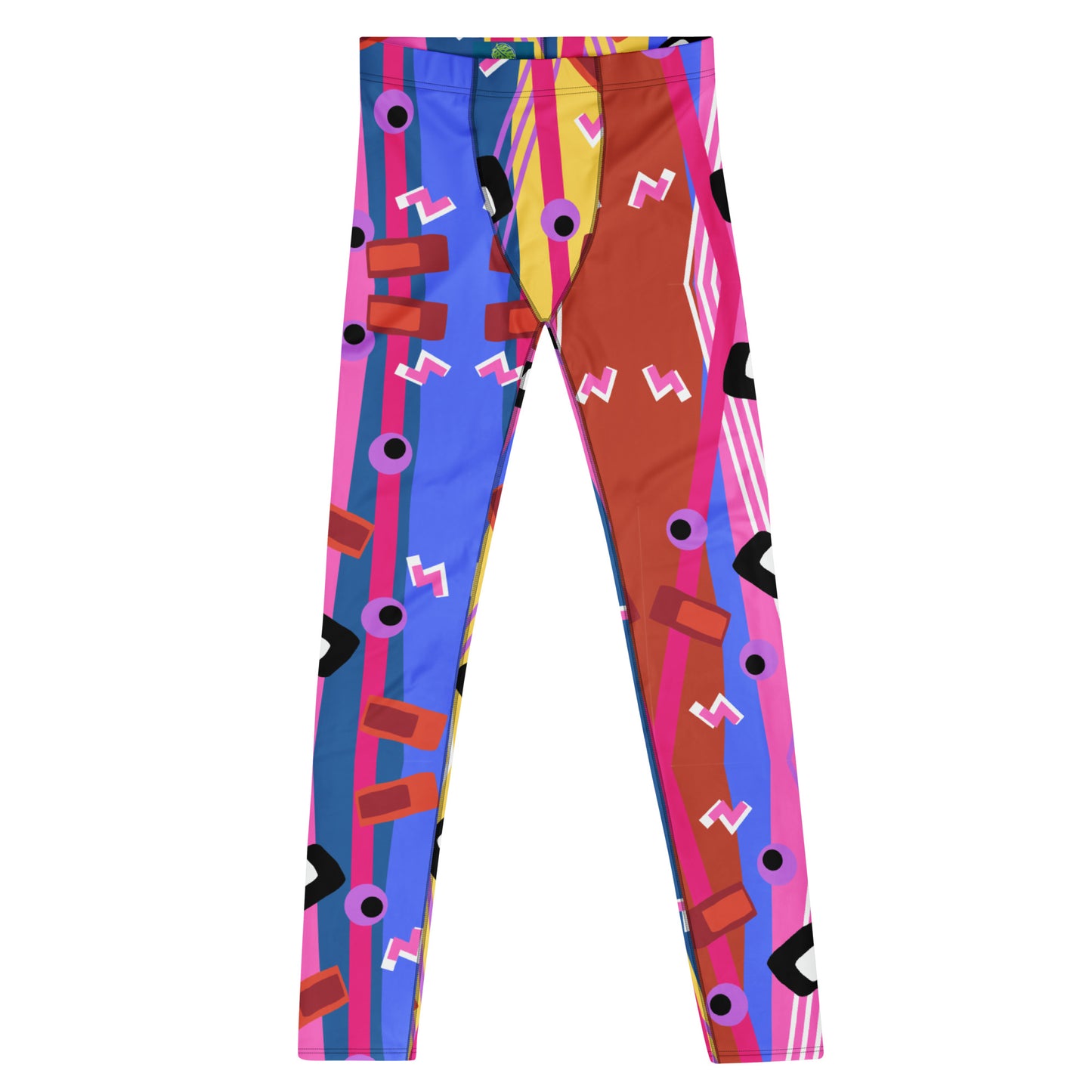 Zany, crazy, mad patterned men's leggings or meggings in blue, red, yellow and purple pattern of lines, squiggles, blobs and stripes by BillingtonPix