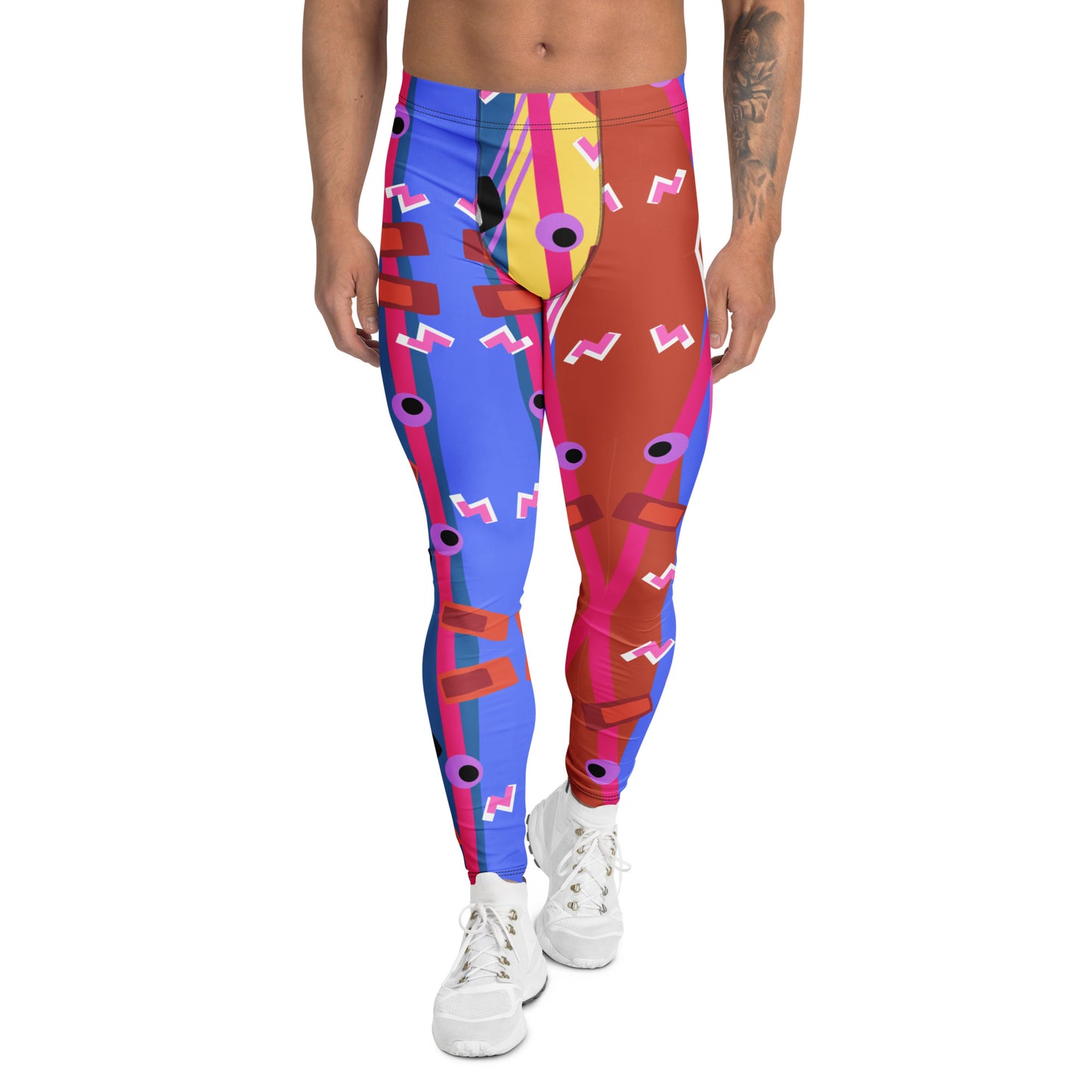 Zany, crazy, mad patterned men's leggings or meggings in blue, red, yellow and purple pattern of lines, squiggles, blobs and stripes by BillingtonPix
