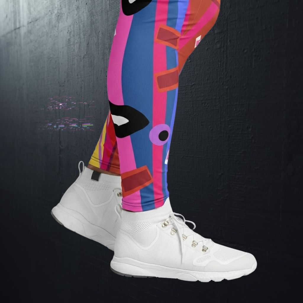 Colorful leggings with geometric memphis style patterns worn by a person, standing against a dark background.