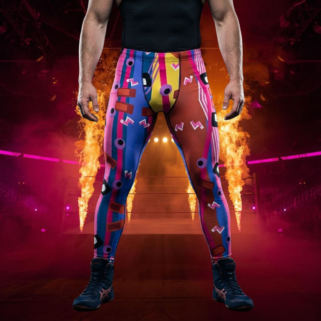 Person wearing bold geometric memphis style wrestling pants with a fiery background