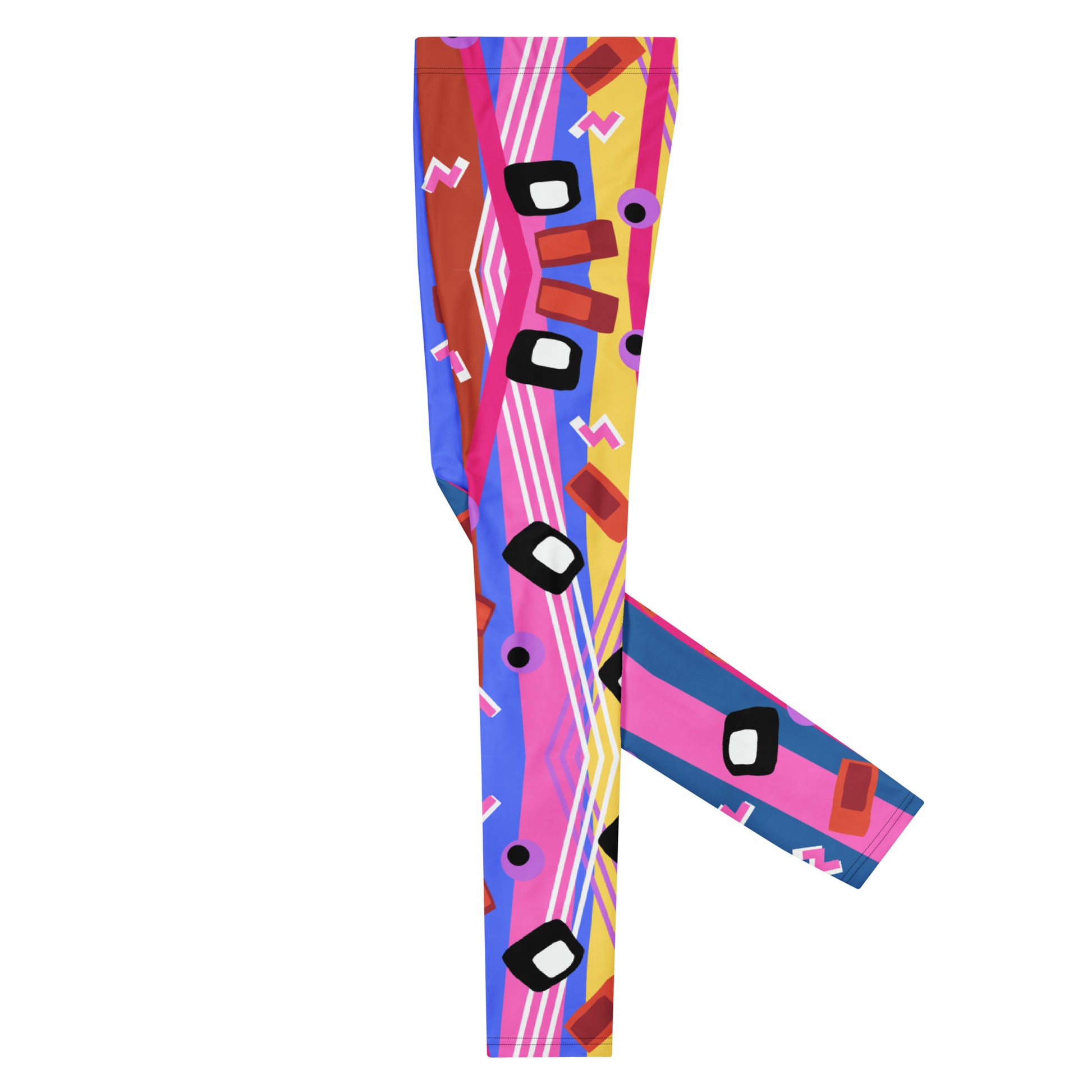 Zany, crazy, mad patterned men's leggings or meggings in blue, red, yellow and purple pattern of lines, squiggles, blobs and stripes by BillingtonPix