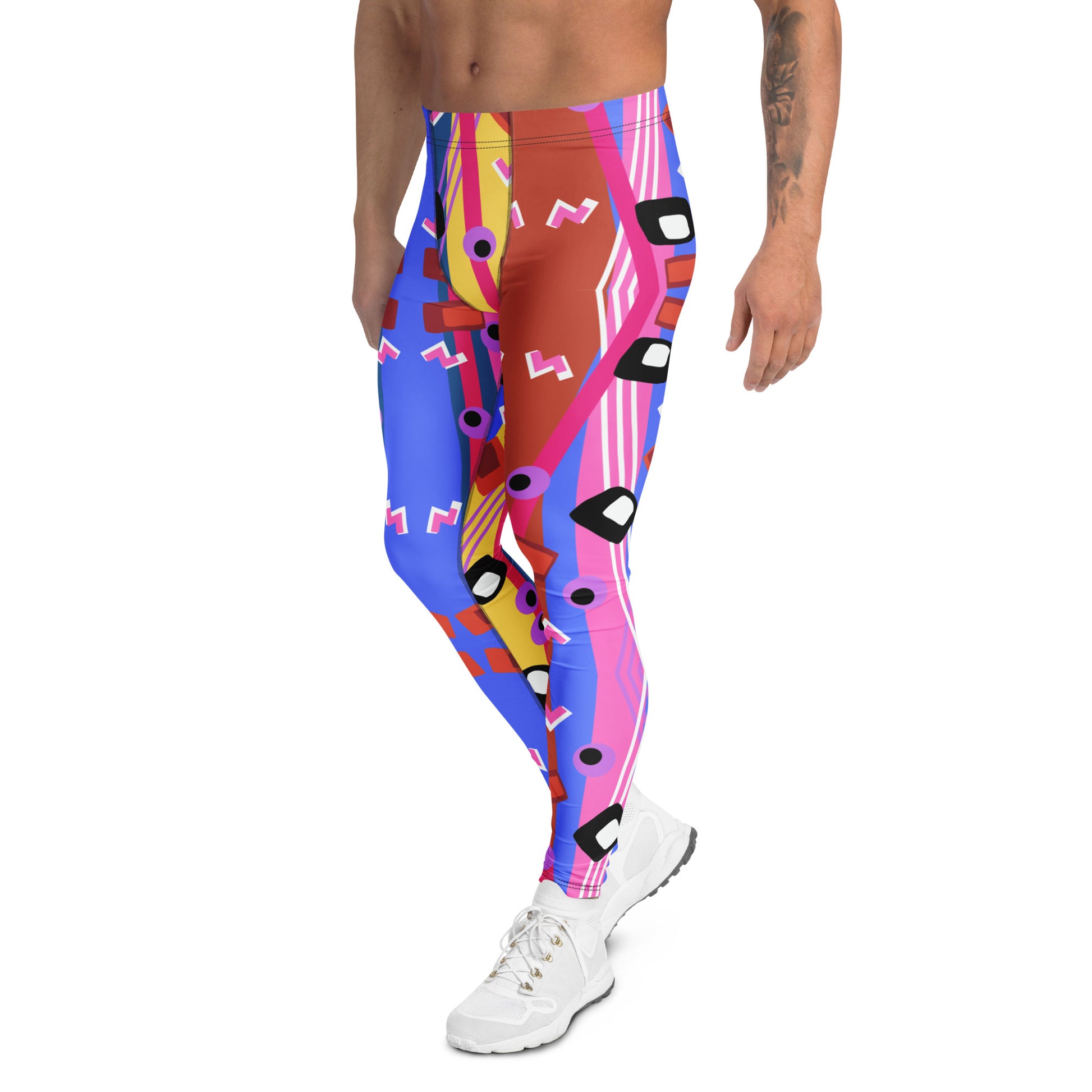 Zany, crazy, mad patterned men's leggings or meggings in blue, red, yellow and purple pattern of lines, squiggles, blobs and stripes by BillingtonPix