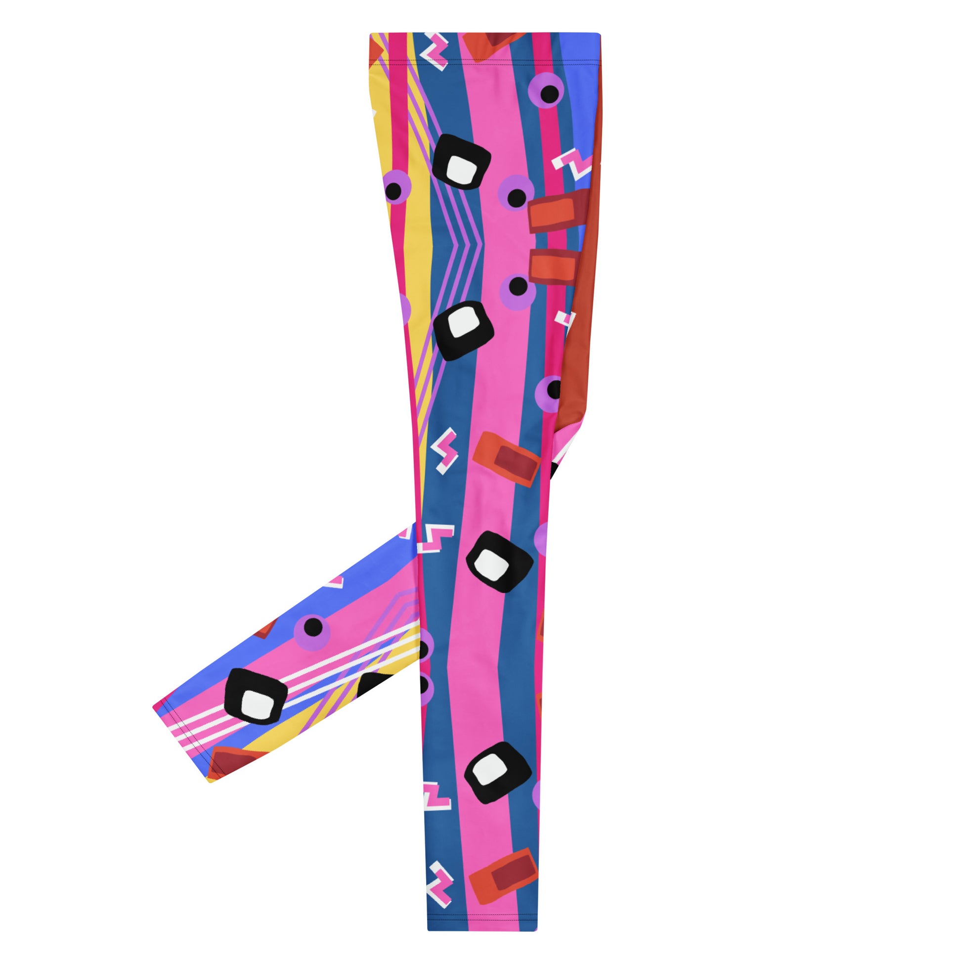 Zany, crazy, mad patterned men's leggings or meggings in blue, red, yellow and purple pattern of lines, squiggles, blobs and stripes by BillingtonPix