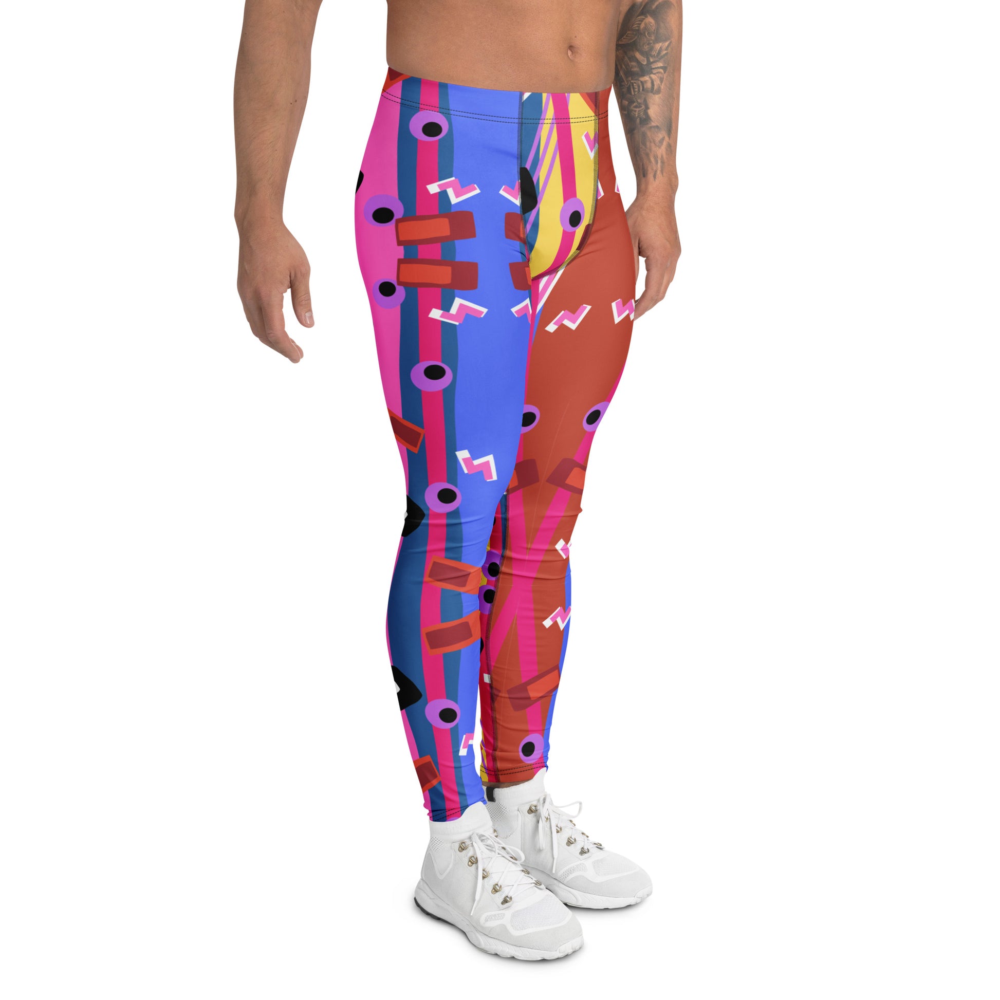 Zany, crazy, mad patterned men's leggings or meggings in blue, red, yellow and purple pattern of lines, squiggles, blobs and stripes by BillingtonPix