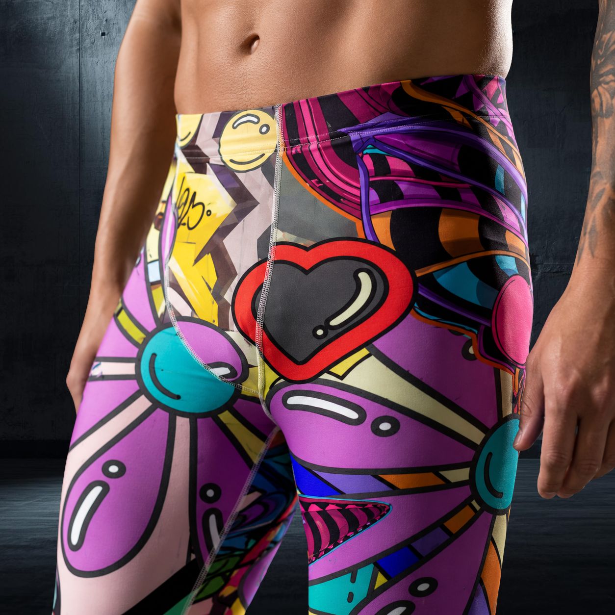 men's leggings with creepy cute decora kei design in closeup