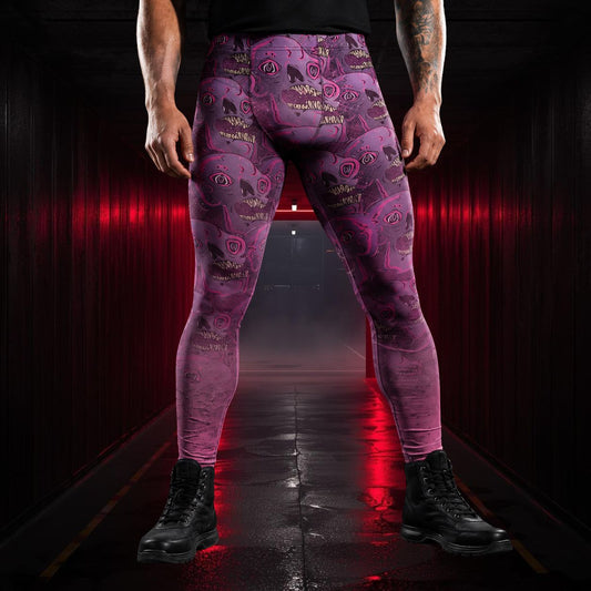 man standing with pink skull leggings in creepy style
