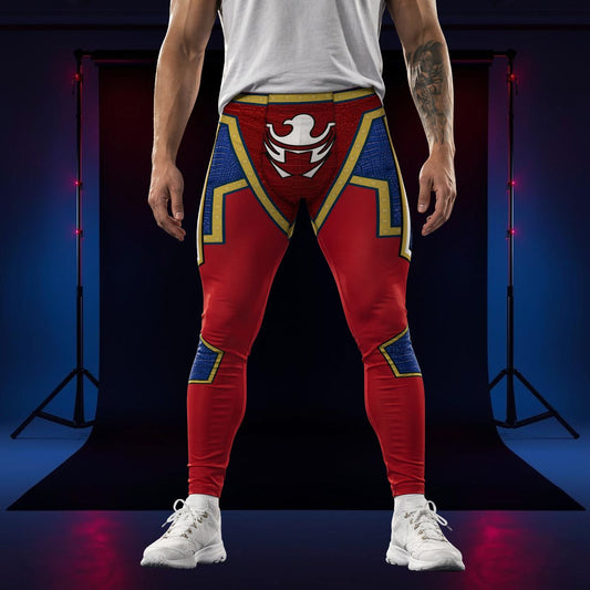 Person wearing a red and blue American superhero-themed leggings with a white eagle logo on a dark background