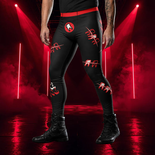 Black athletic leggings with red graphic teeth designs and a red waistband, shown on a model from the waist down in a dramatic red-lit studio setting.