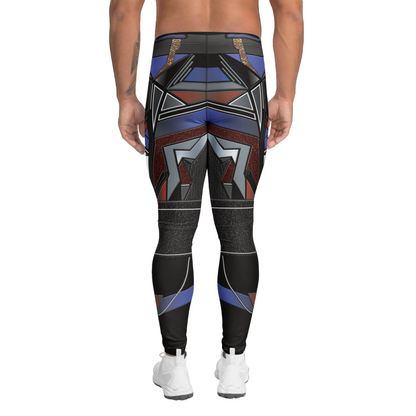 Black leggings with geometric pattern worn by a person on a white background