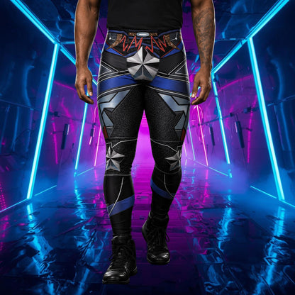 Man wearing cyberpunk inspired leggings with metallic effect and geometric shapes in blue, silver and black