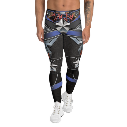 Person wearing black and blue patterned leggings on a white background